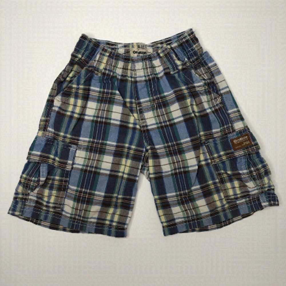 OSHKOSH B’GOSH Blue Green Tan Plaid Pocket Cargo Summer Shorts Boys SIZE 4